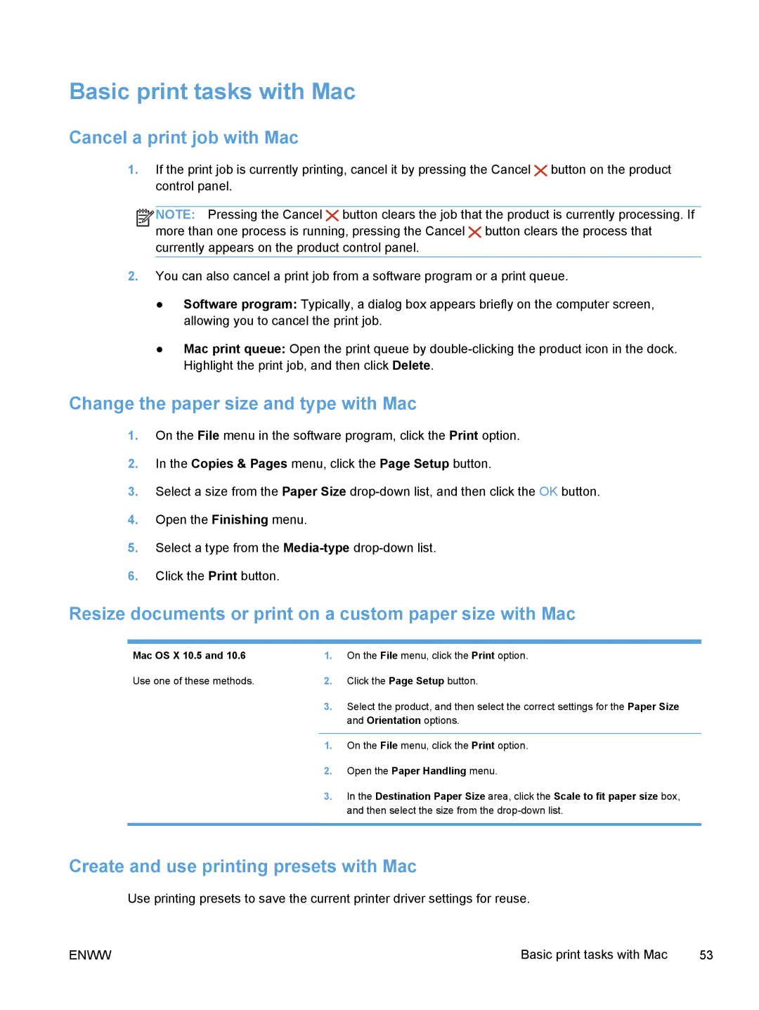 HP M375, M475 manual Basic print tasks with Mac, Cancel a print job with Mac, Change the paper size and type with Mac 