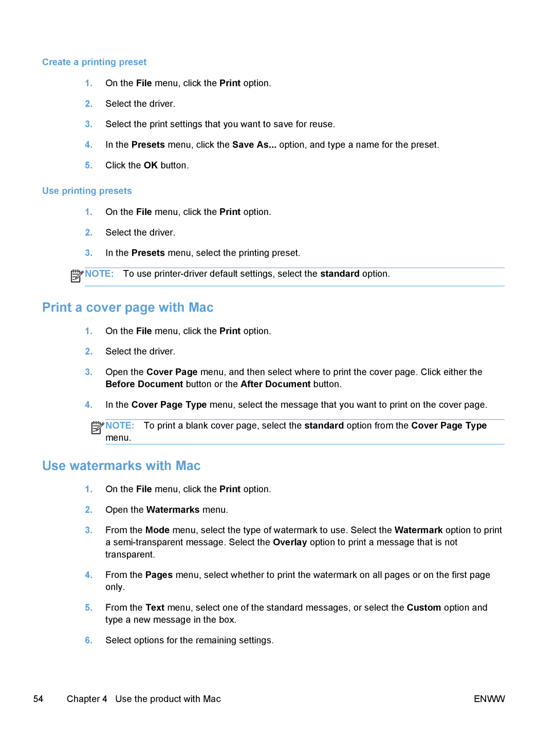 HP M475, M375 manual Print a cover page with Mac, Use watermarks with Mac, Create a printing preset, Use printing presets 
