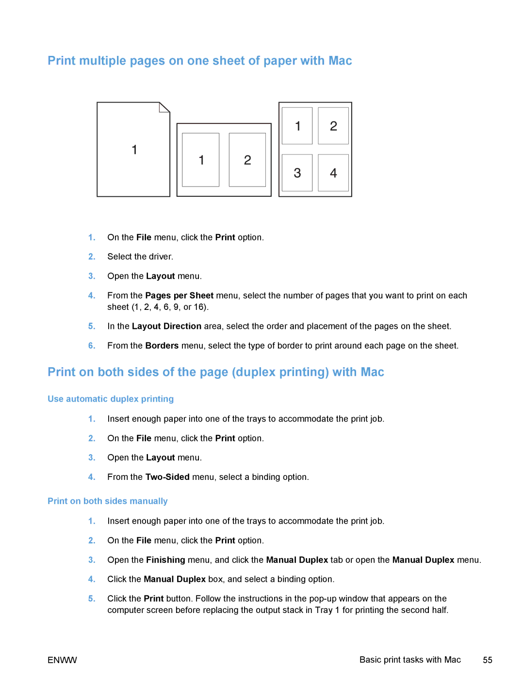 HP M375 Print multiple pages on one sheet of paper with Mac, Print on both sides of the page duplex printing with Mac 