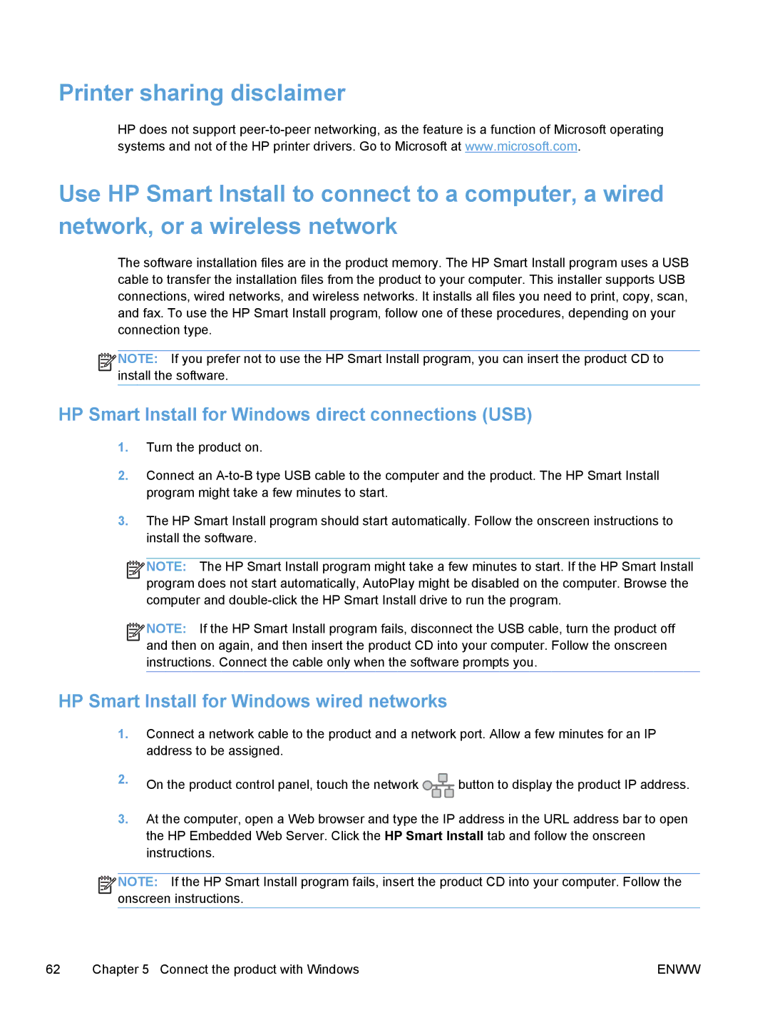 HP M475, M375 manual HP Smart Install for Windows direct connections USB, HP Smart Install for Windows wired networks 