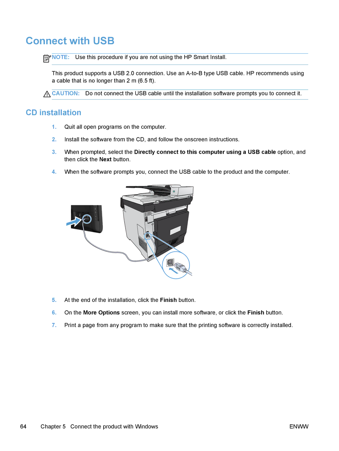 HP M475, M375 manual Connect with USB, CD installation 