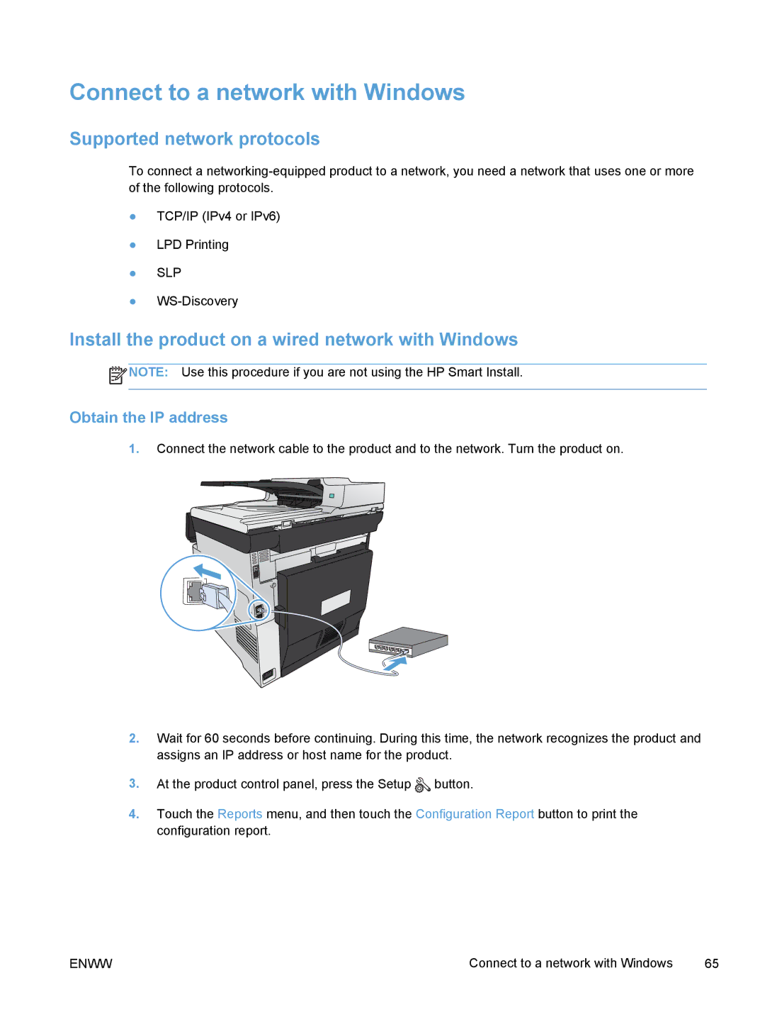 HP M375, M475 manual Connect to a network with Windows, Supported network protocols, Obtain the IP address 