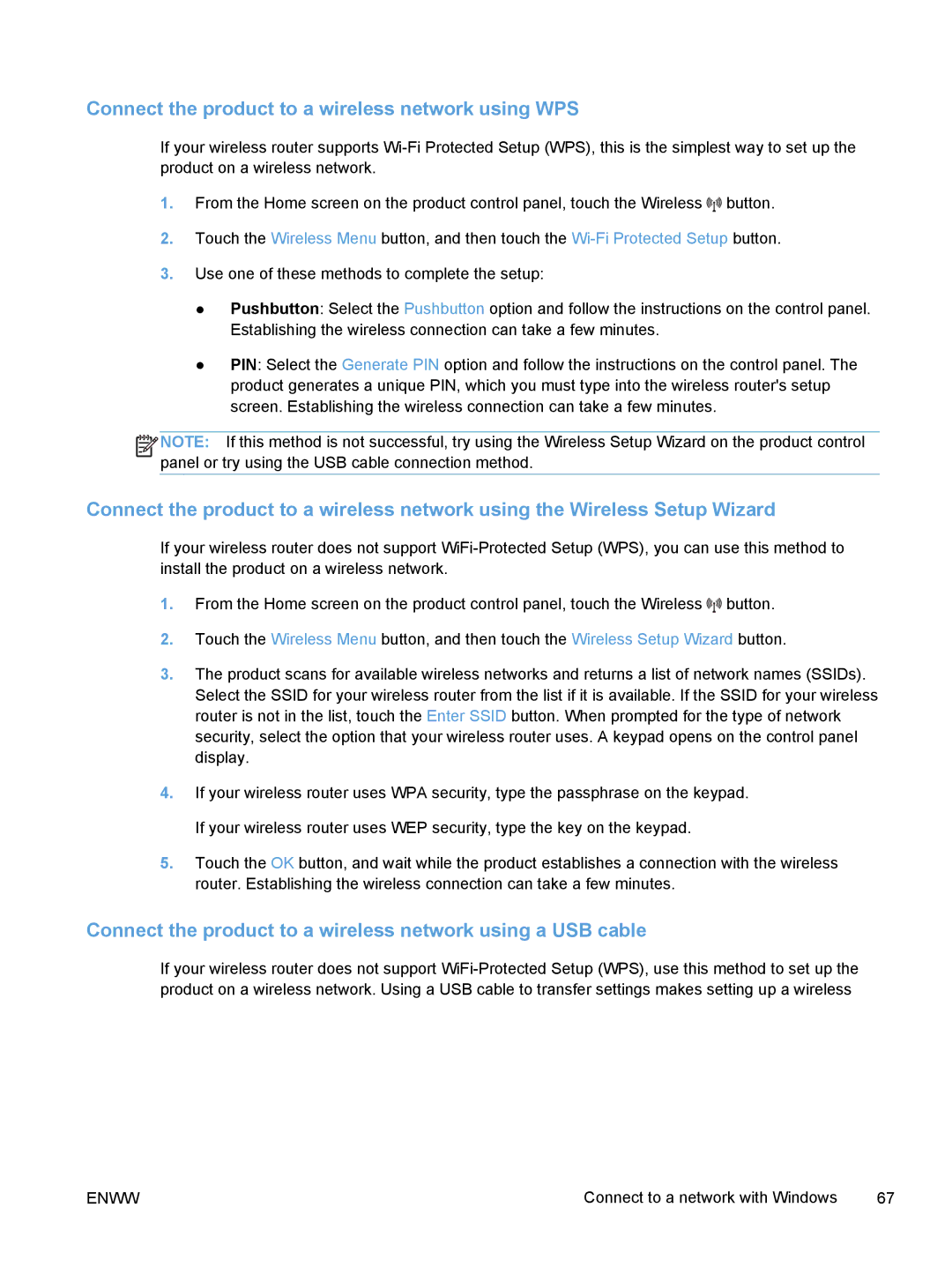 HP M375 Connect the product to a wireless network using WPS, Connect the product to a wireless network using a USB cable 