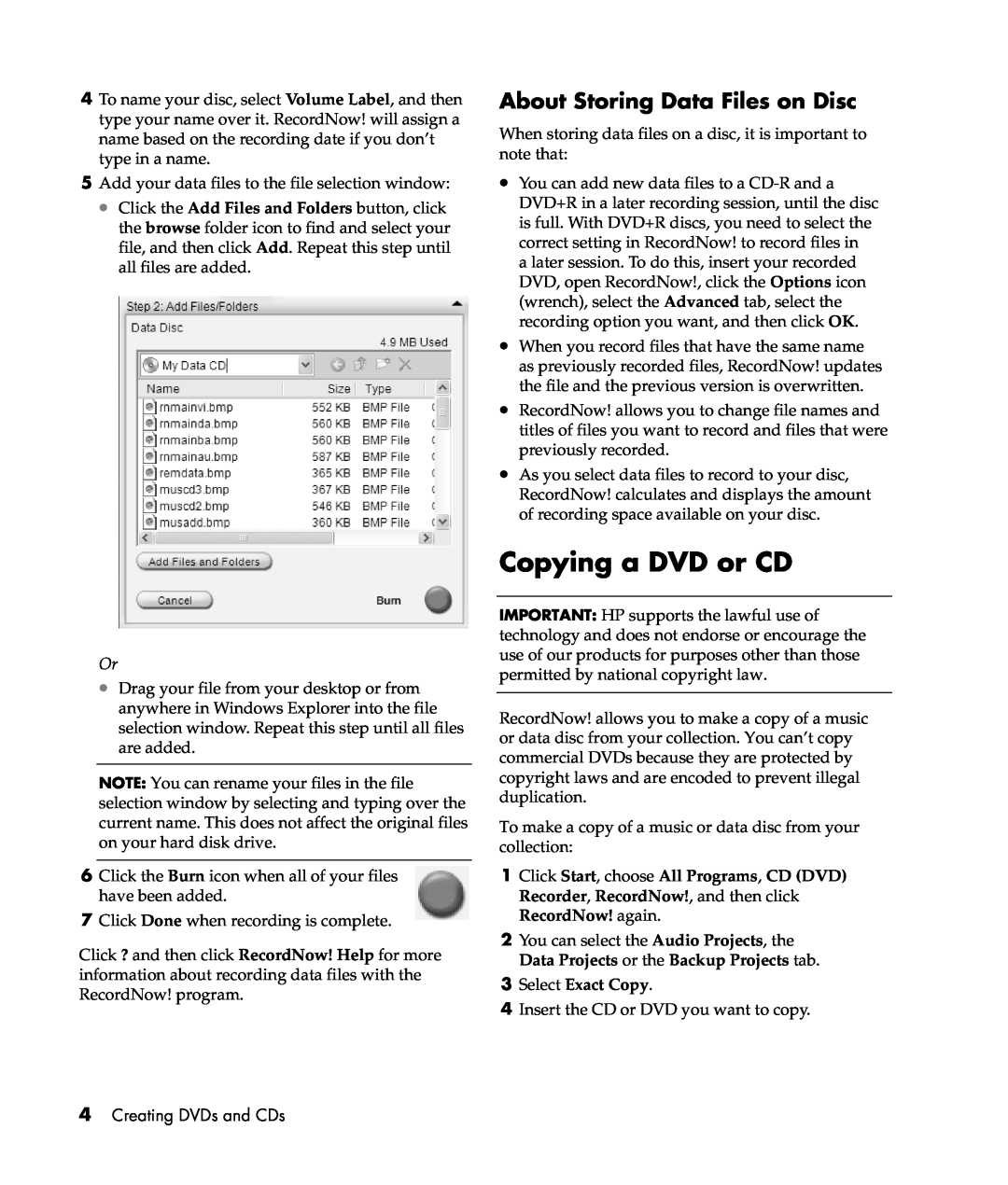 HP m376n, m476n, m470n, m390n, m400y (D7222P), m385c Copying a DVD or CD, About Storing Data Files on Disc, Select Exact Copy 