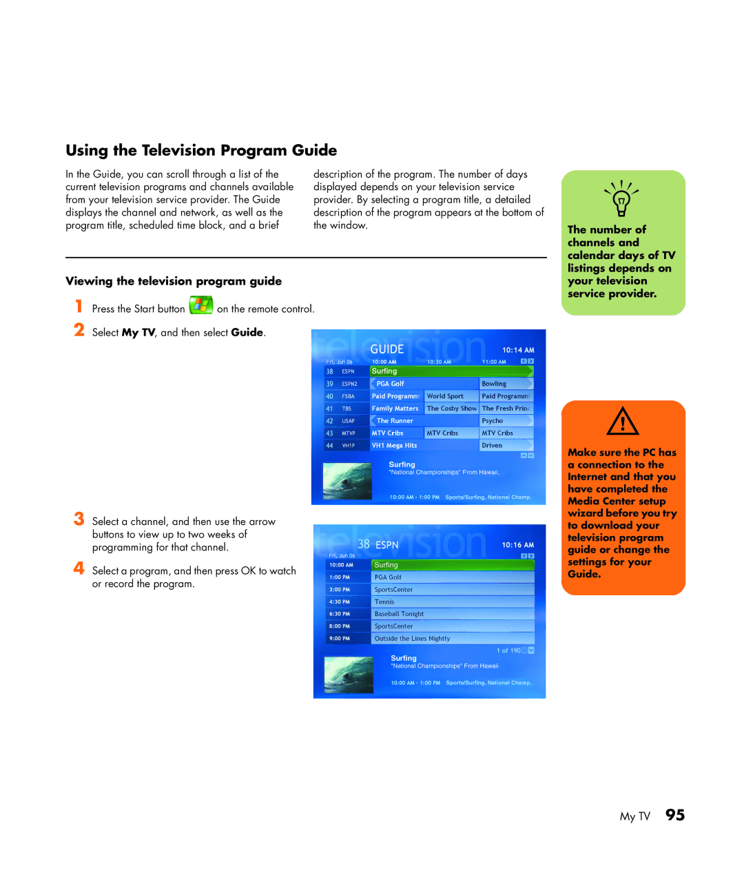 HP m470n, m476n, m477.uk, m380.uk, m377n, m370.uk Using the Television Program Guide, Viewing the television program guide 