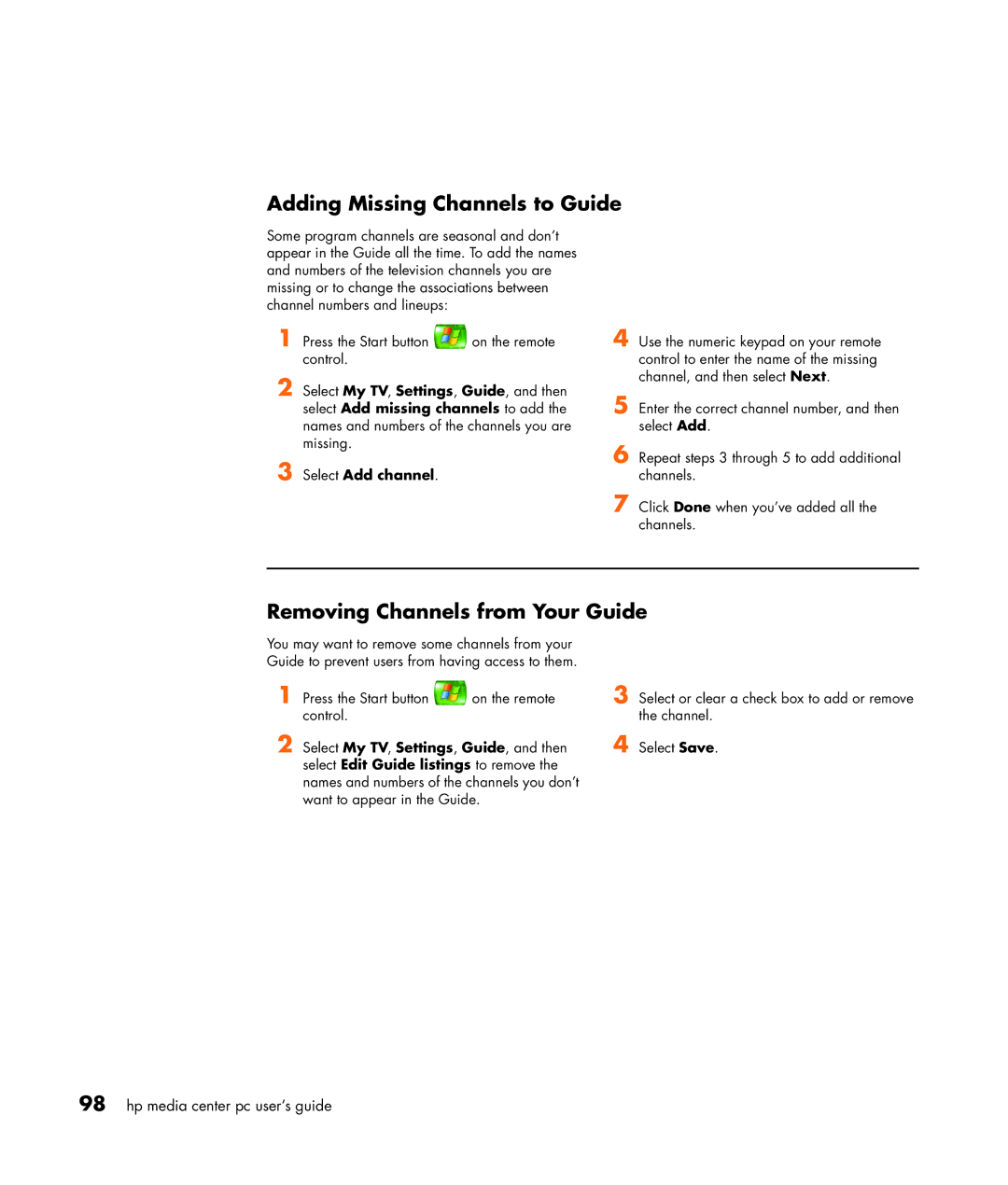 HP m377n, m476n, m470n, m477.uk manual Adding Missing Channels to Guide, Removing Channels from Your Guide, Select Add channel 