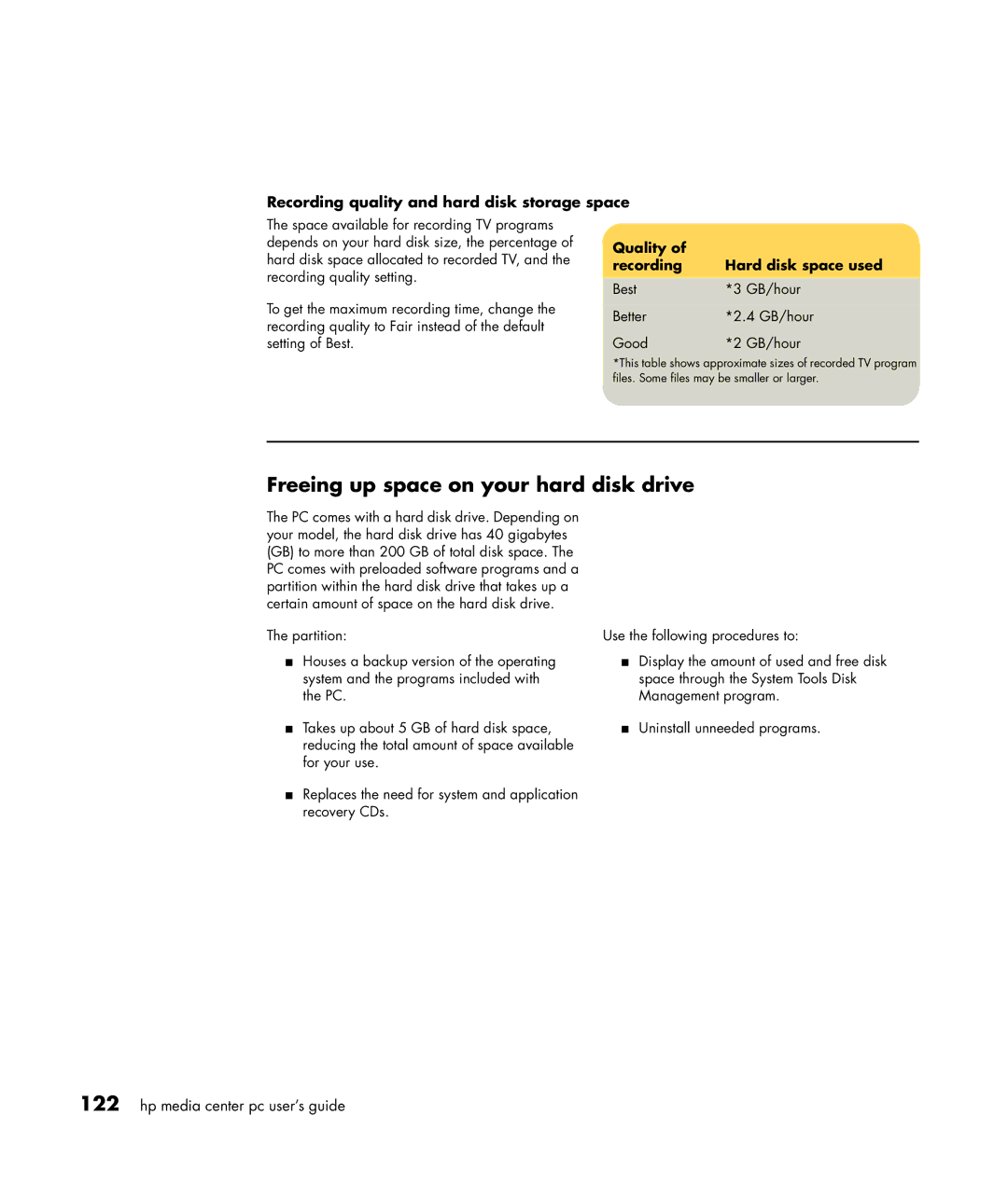 HP m487.uk, m476n, m470n, m477.uk Freeing up space on your hard disk drive, Recording quality and hard disk storage space 