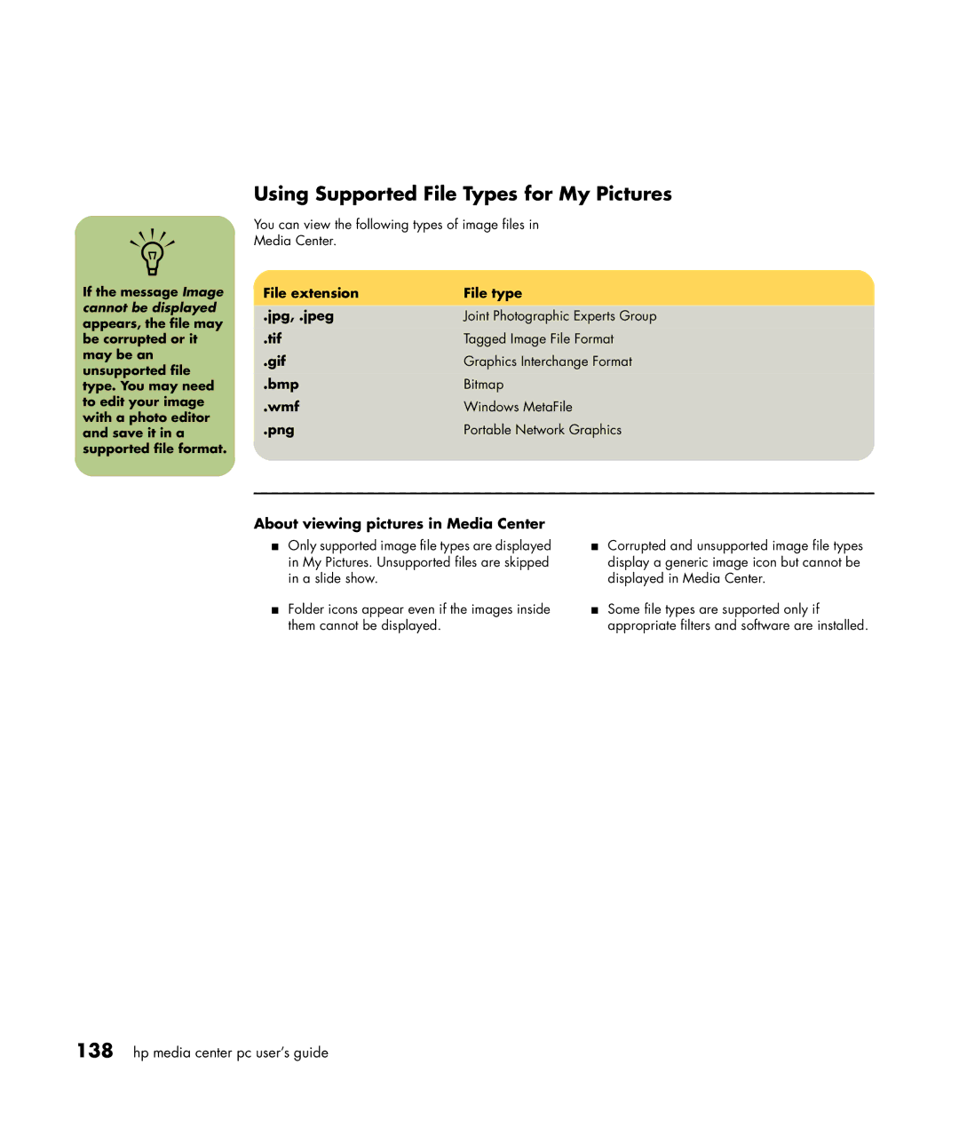 HP m377n, m476n, m470n, m477.uk, m380.uk Using Supported File Types for My Pictures, About viewing pictures in Media Center 