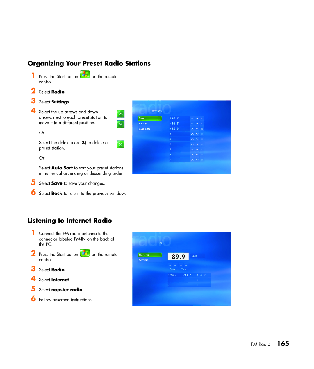 HP m470n, m476n, m477.uk, m380.uk Organizing Your Preset Radio Stations, Listening to Internet Radio, Select napster radio 