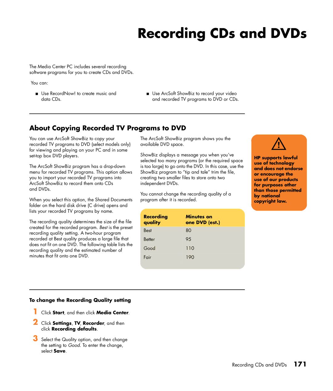 HP m480n, m476n Recording CDs and DVDs, About Copying Recorded TV Programs to DVD, To change the Recording Quality setting 