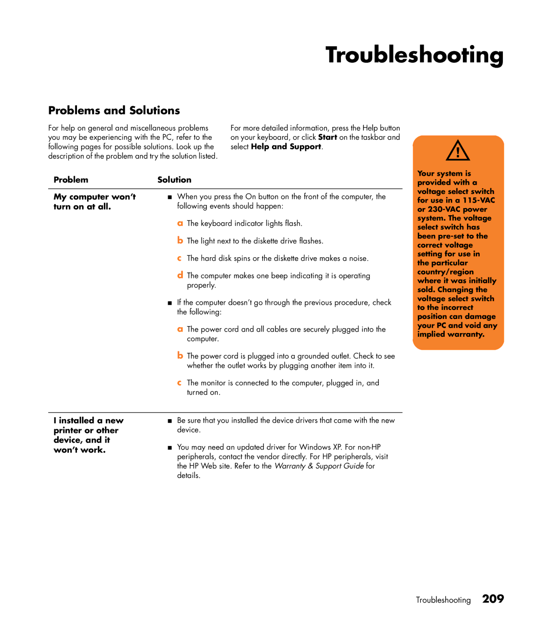 HP m370.uk, m476n, m470n, m377n Troubleshooting, Problems and Solutions, Problem Solution My computer won’t, Turn on at all 