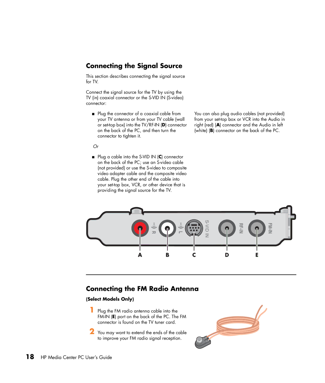 HP m377n, m476n, m470n, m477.uk, m380.uk Connecting the Signal Source, Connecting the FM Radio Antenna, Select Models Only 