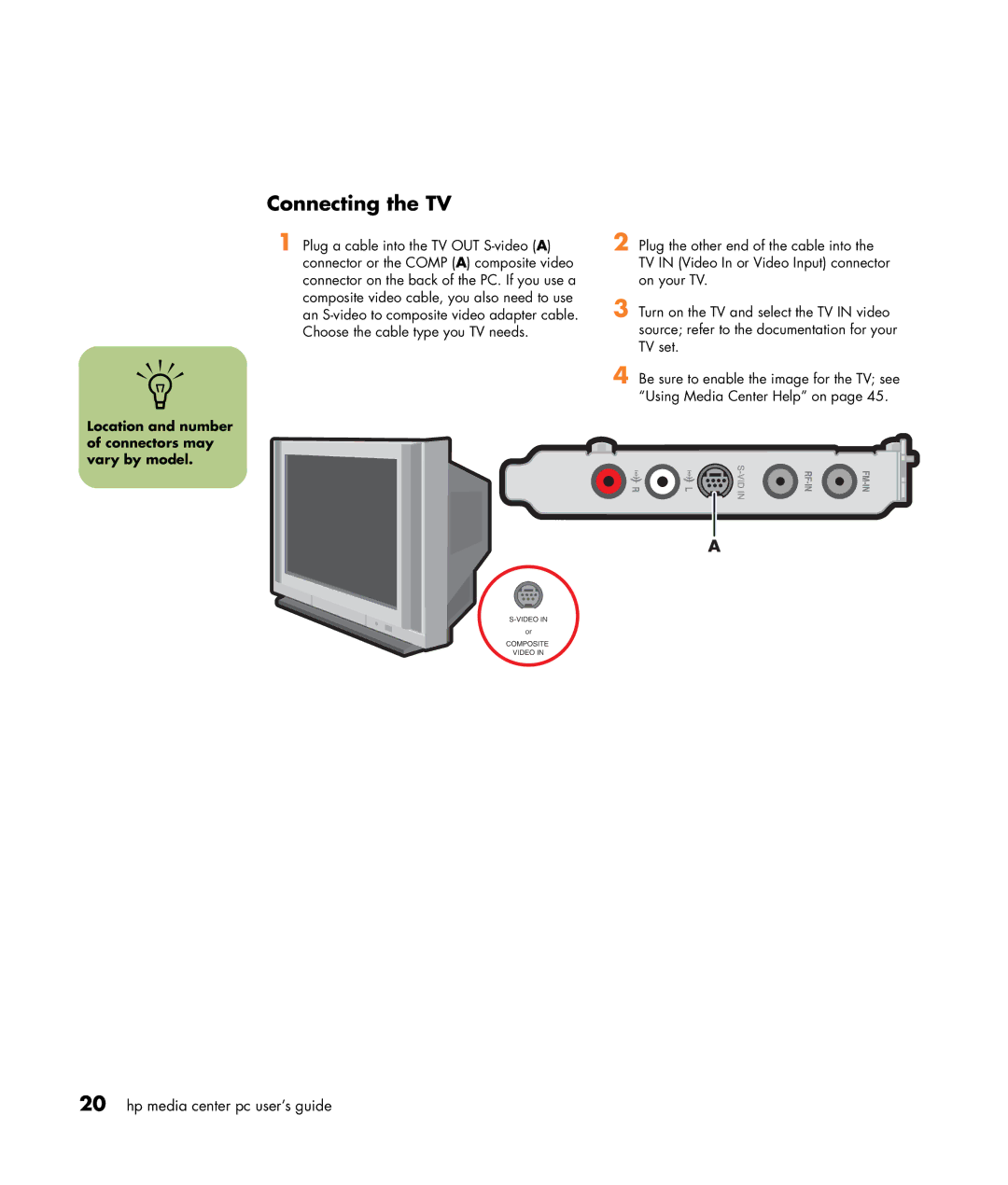 HP m370n, m476n, m470n, m477.uk, m380.uk, m377n, m370.uk Connecting the TV, Location and number of connectors may vary by model 