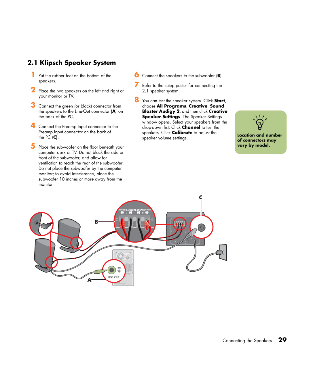 HP m370.uk, m476n, m470n, m477.uk, m380.uk, m377n Klipsch Speaker System, Location and number of connectors may vary by model 