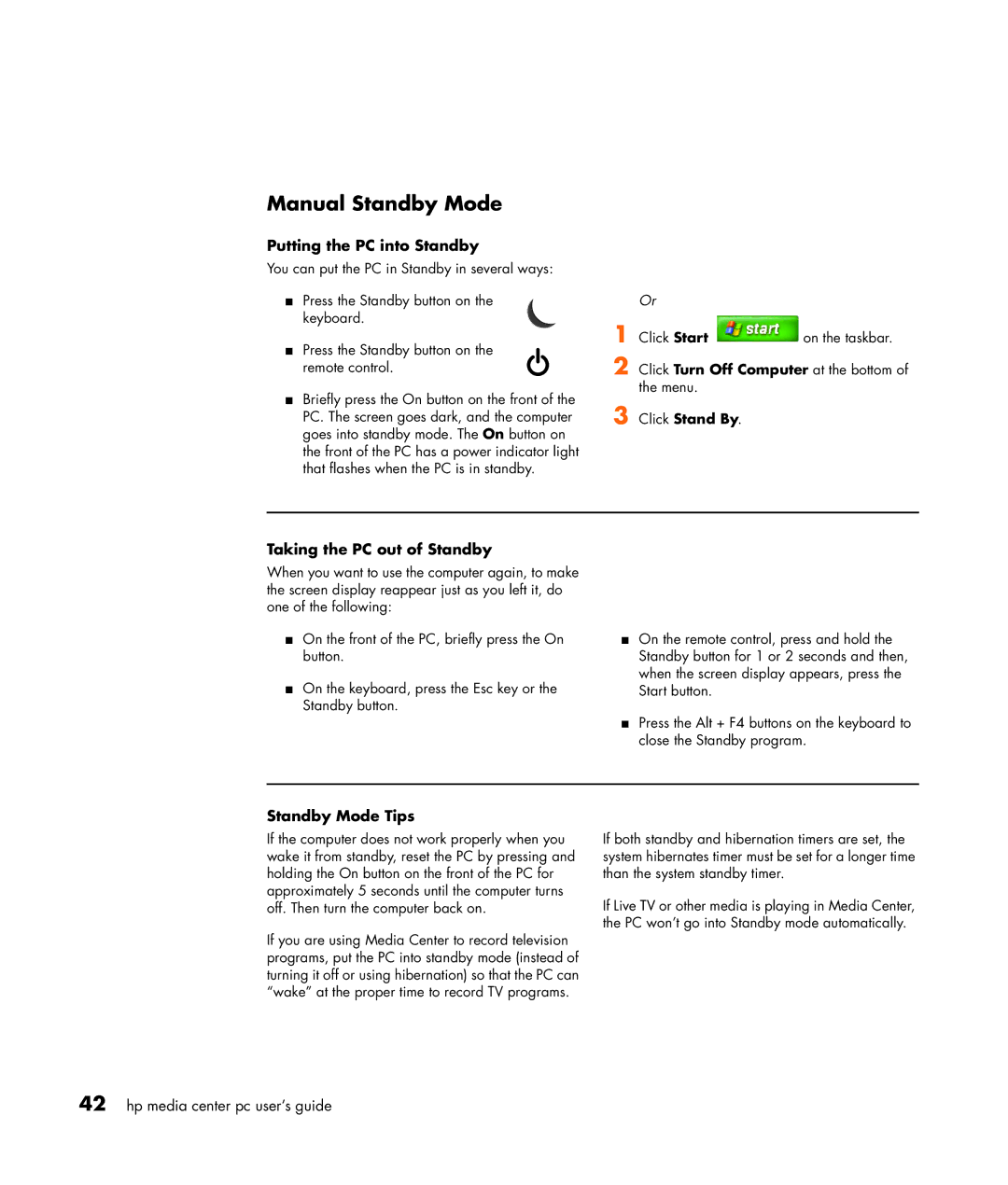 HP m487.uk, m476n, m470n Manual Standby Mode, Putting the PC into Standby, Taking the PC out of Standby, Standby Mode Tips 