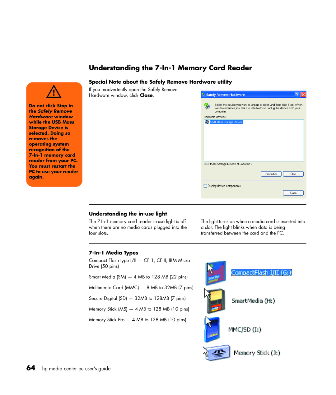 HP m476n, m470n, m477.uk Understanding the 7-In-1 Memory Card Reader, Special Note about the Safely Remove Hardware utility 
