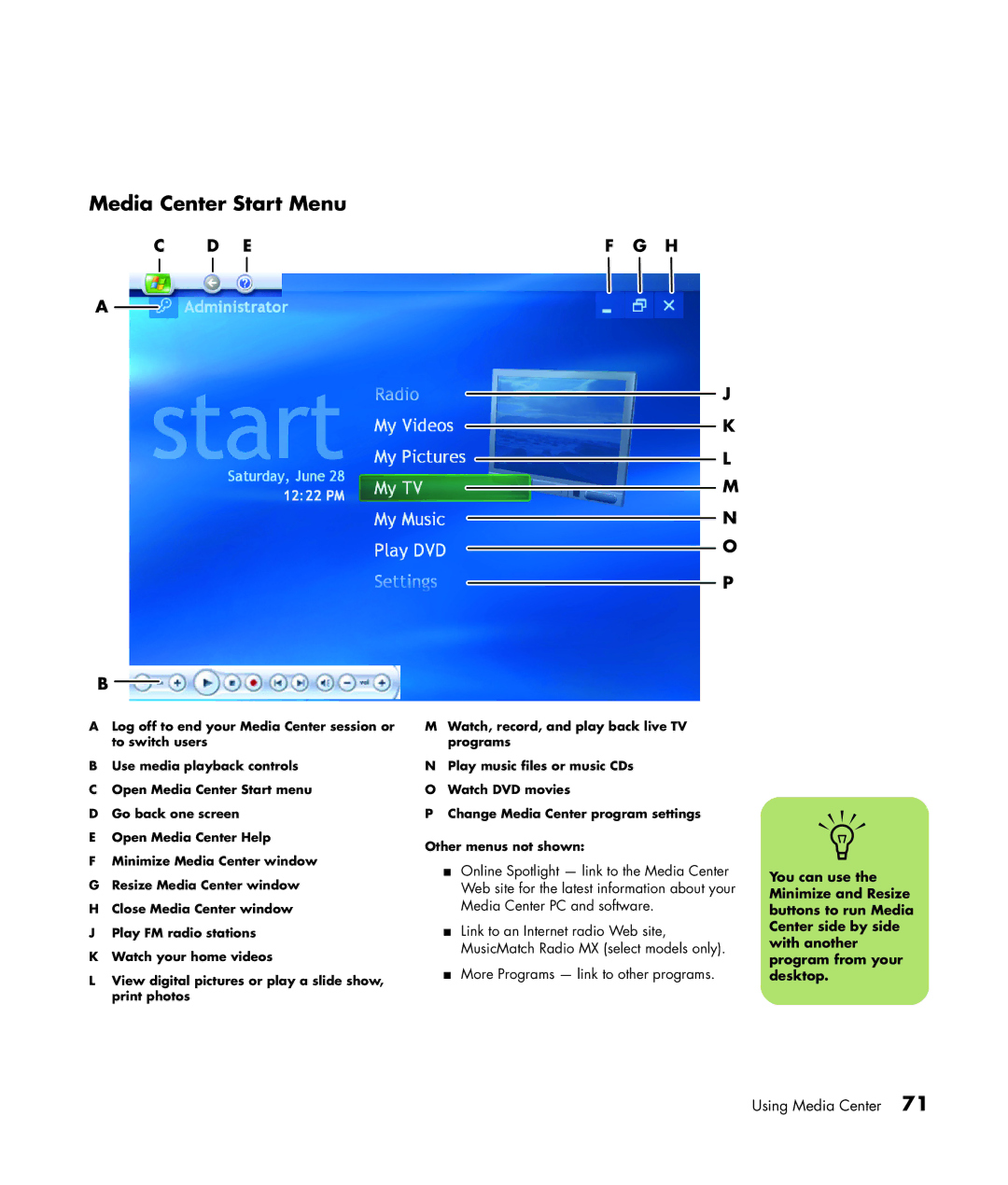 HP m480n, m476n, m470n, m477.uk, m380.uk, m377n, m370.uk, m370n, m487.uk, m490n manual Media Center Start Menu 