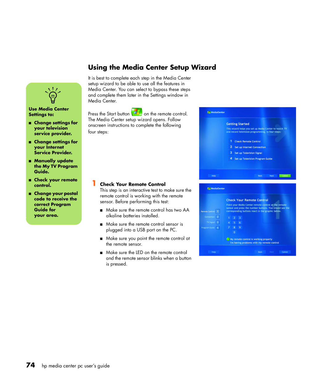 HP m476n, m470n, m477.uk, m380.uk, m377n, m370.uk, m370n, m480n Using the Media Center Setup Wizard, Check Your Remote Control 