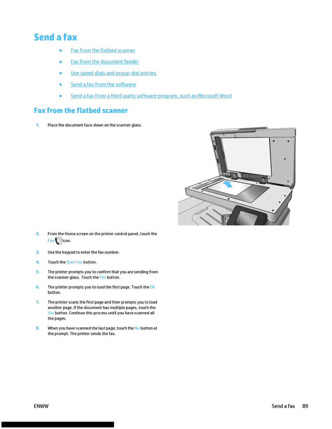 HP M477fnw manual Send a fax, Fax from the flatbed scanner 