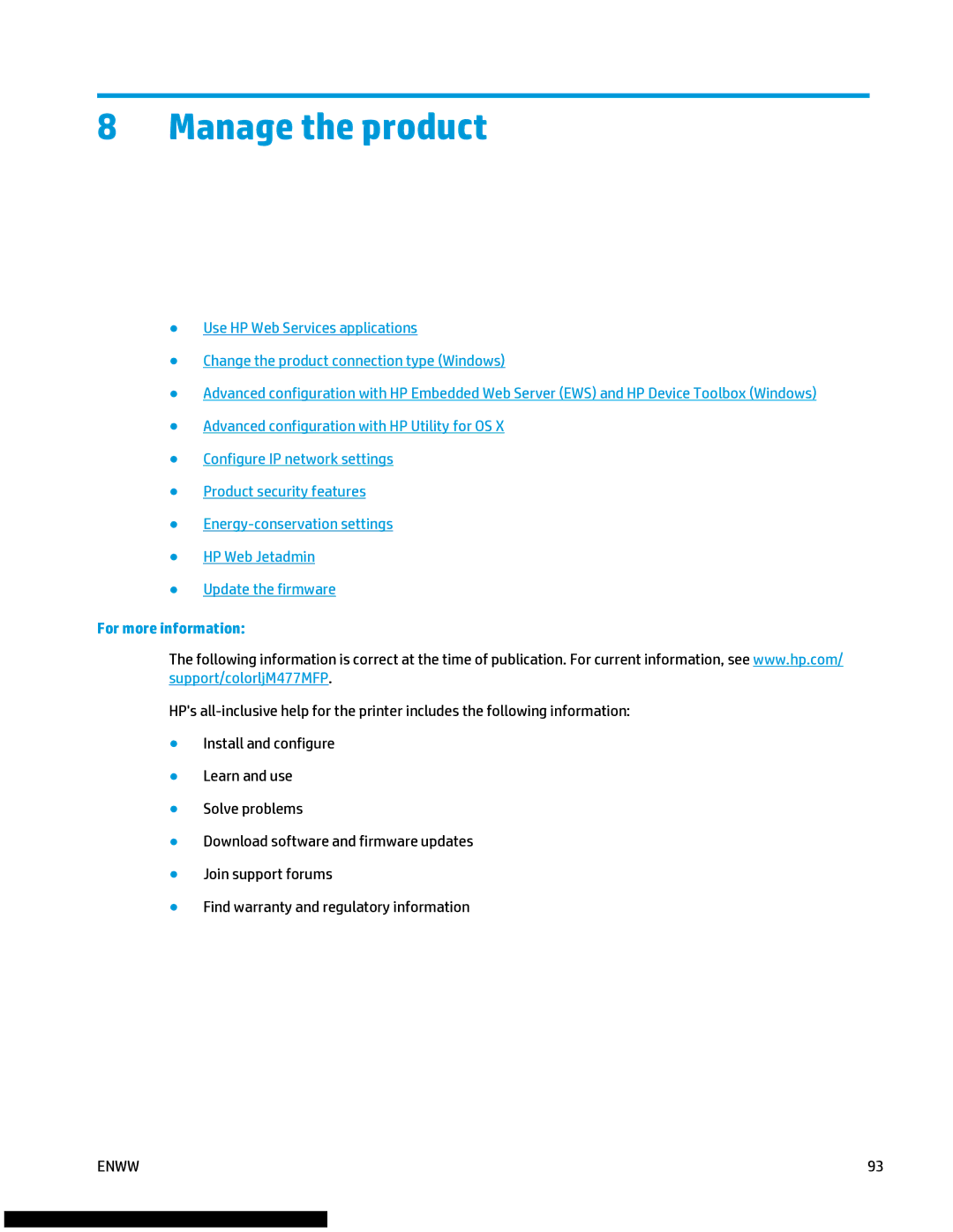 HP M477fnw manual Manage the product 