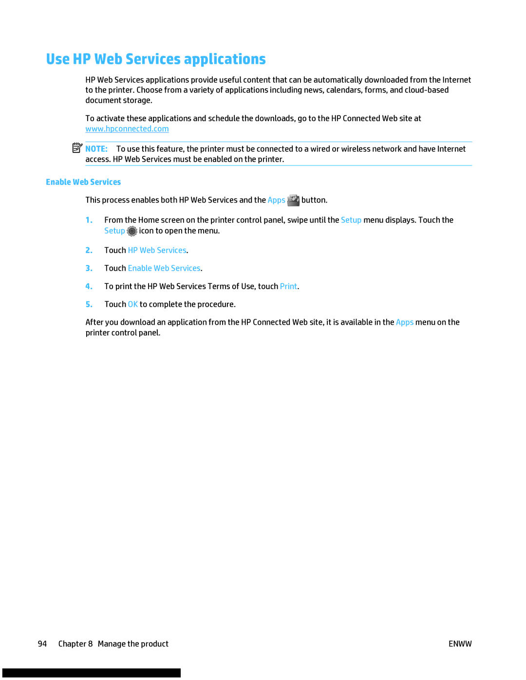 HP M477fnw manual Use HP Web Services applications, Touch HP Web Services Touch Enable Web Services 