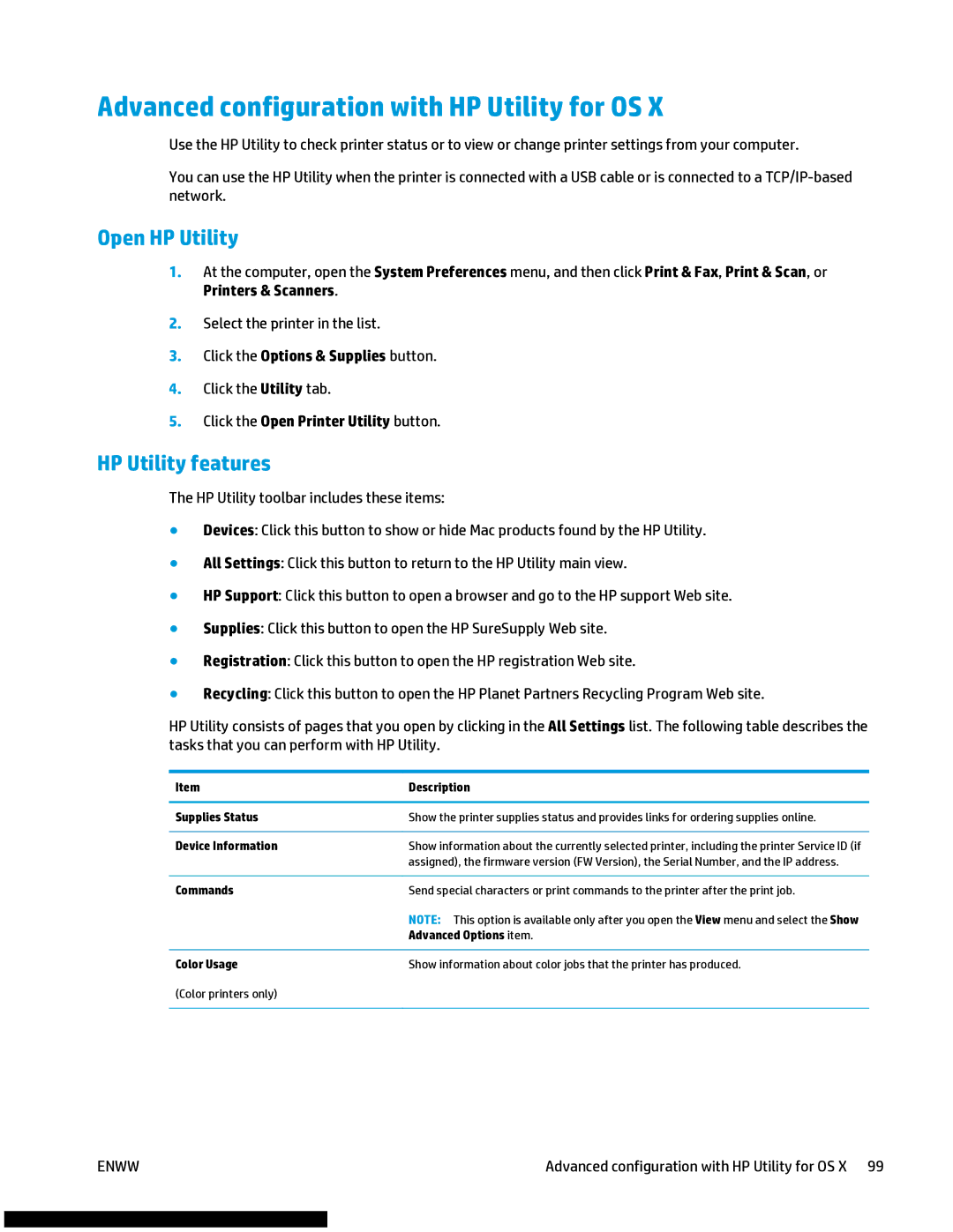 HP M477fnw manual Advanced configuration with HP Utility for OS, Open HP Utility, HP Utility features 