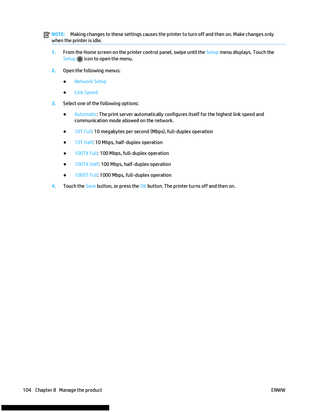 HP M477fnw manual Network Setup Link Speed 