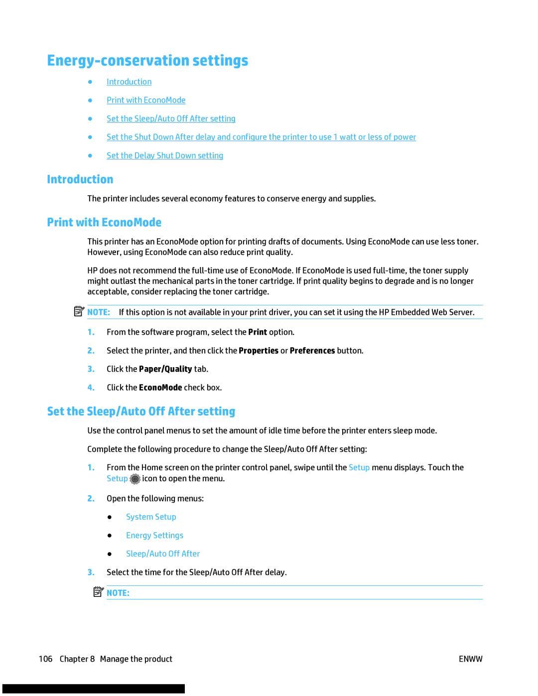 HP M477fnw manual Energy-conservation settings, Print with EconoMode, Set the Sleep/Auto Off After setting 