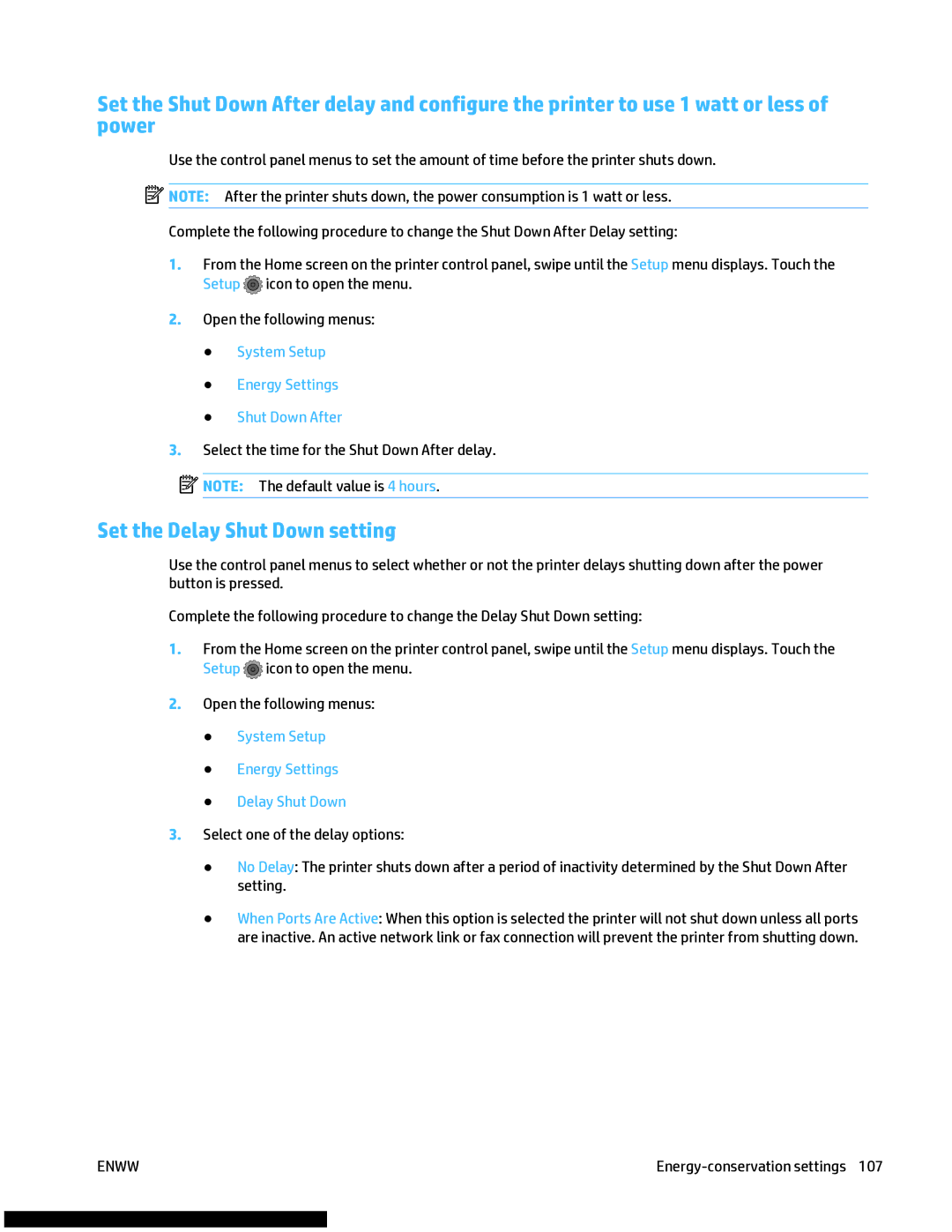 HP M477fnw manual Set the Delay Shut Down setting, System Setup Energy Settings Shut Down After 