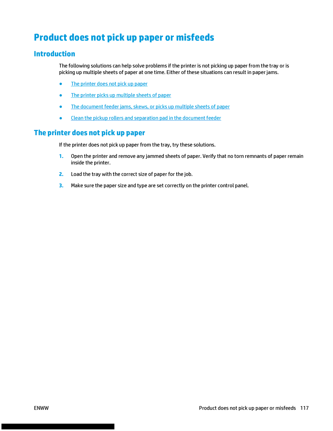 HP M477fnw manual Product does not pick up paper or misfeeds, Printer does not pick up paper 
