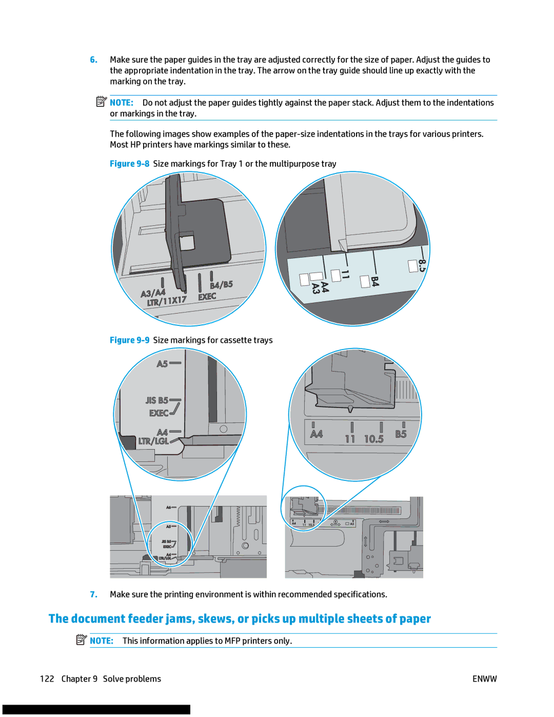 HP M477fnw manual 8Size markings for Tray 1 or the multipurpose tray 