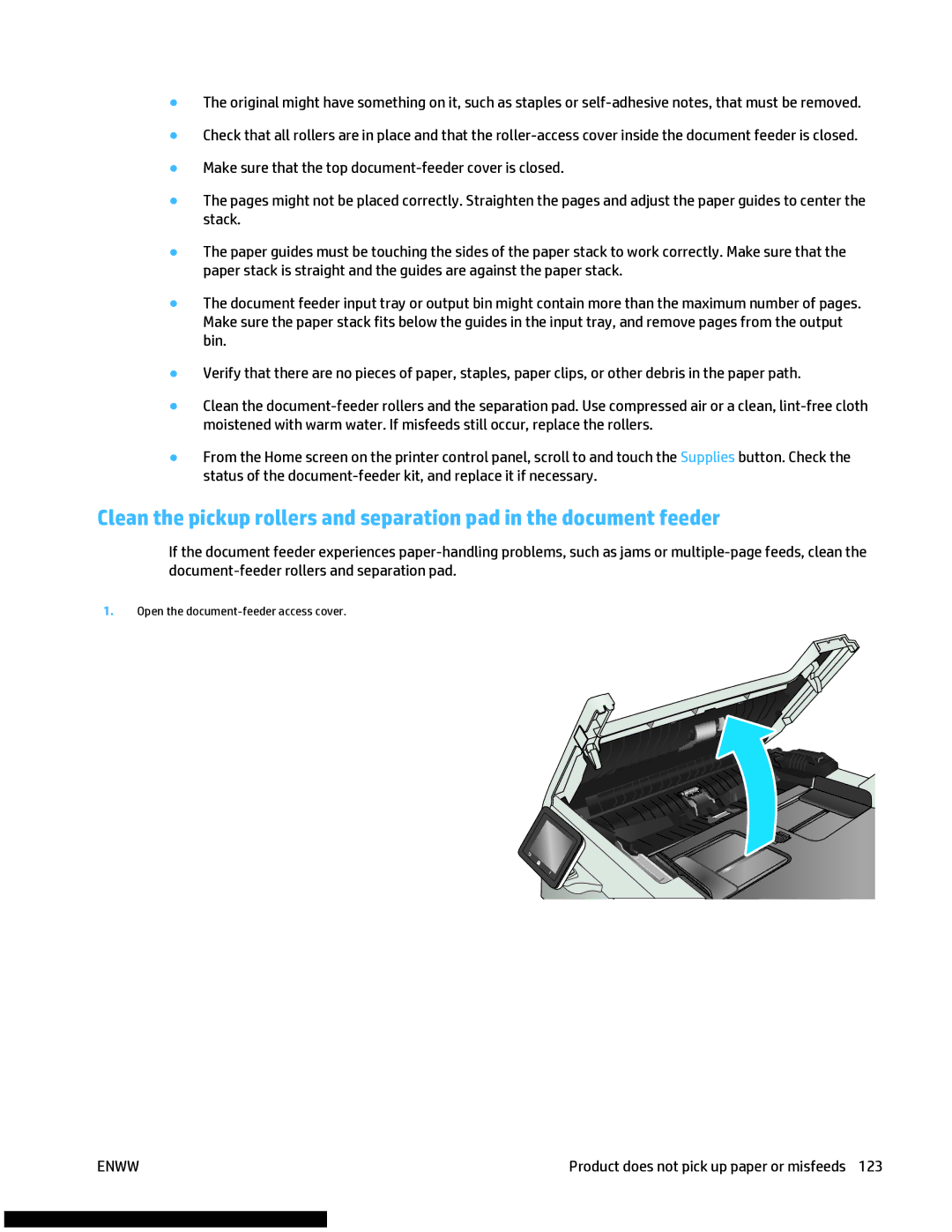 HP M477fnw manual Open the document-feeder access cover 