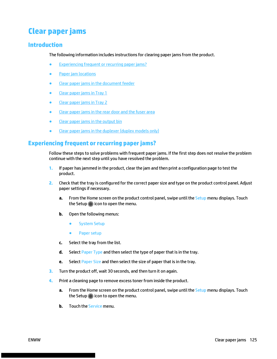 HP M477fnw manual Clear paper jams, Experiencing frequent or recurring paper jams?, System Setup Paper setup 