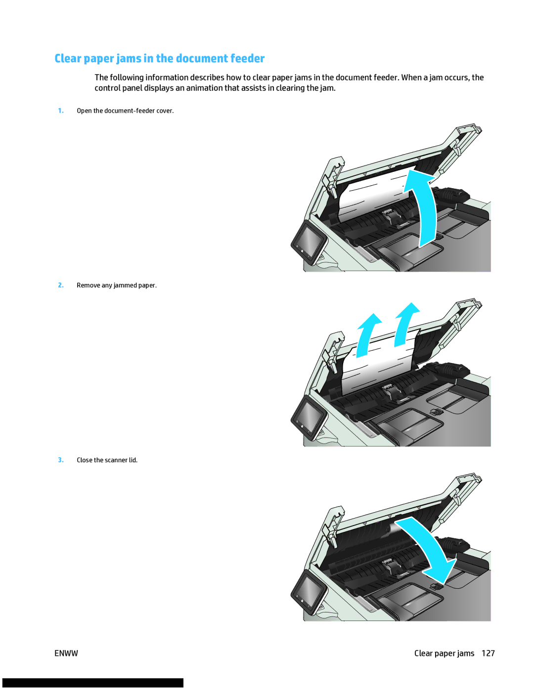 HP M477fnw manual Clear paper jams in the document feeder 