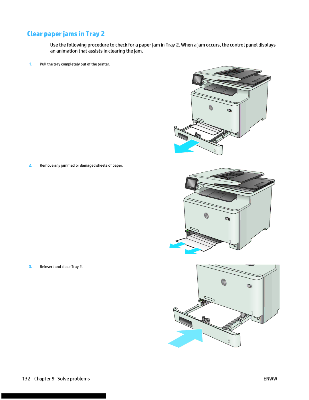 HP M477fnw manual Clear paper jams in Tray 