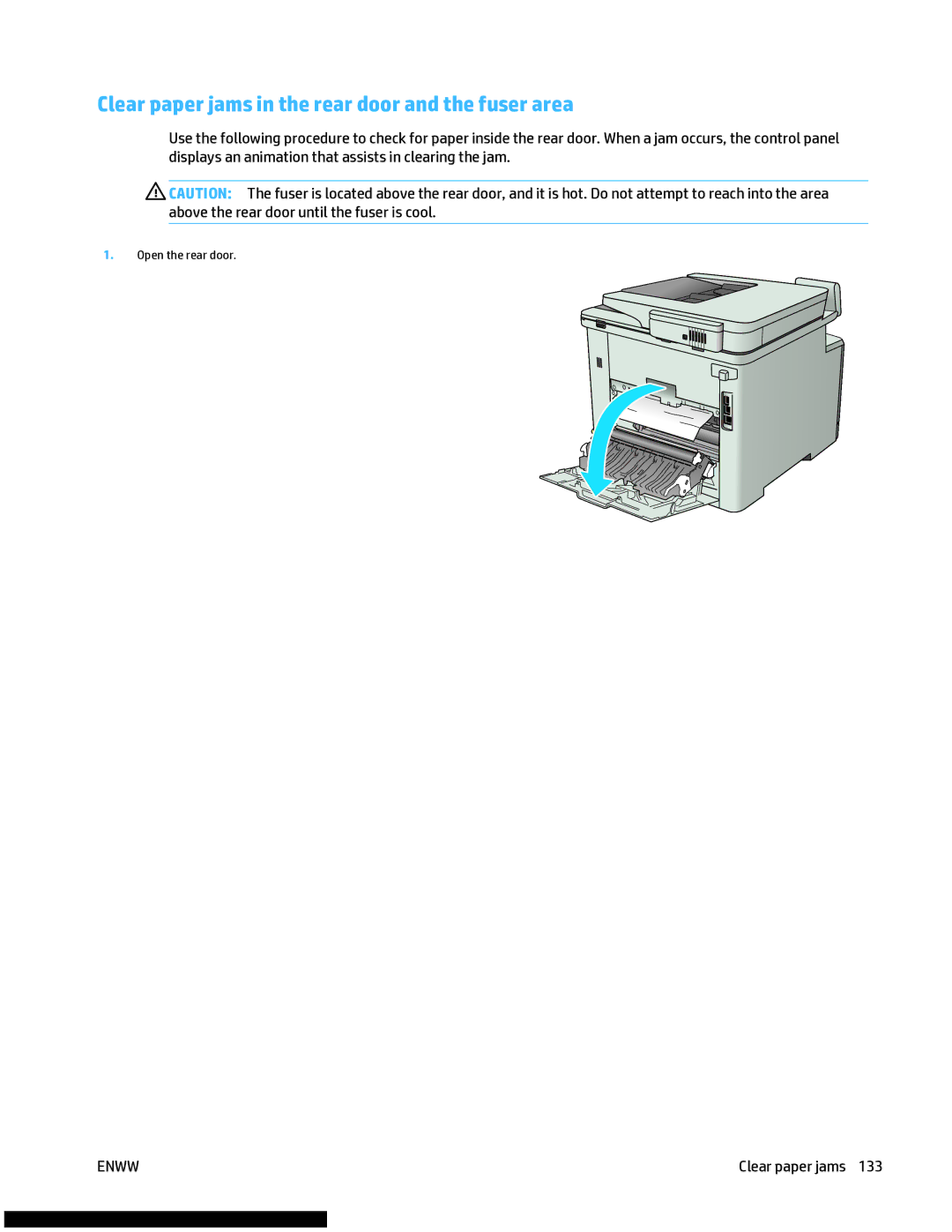 HP M477fnw manual Clear paper jams in the rear door and the fuser area 