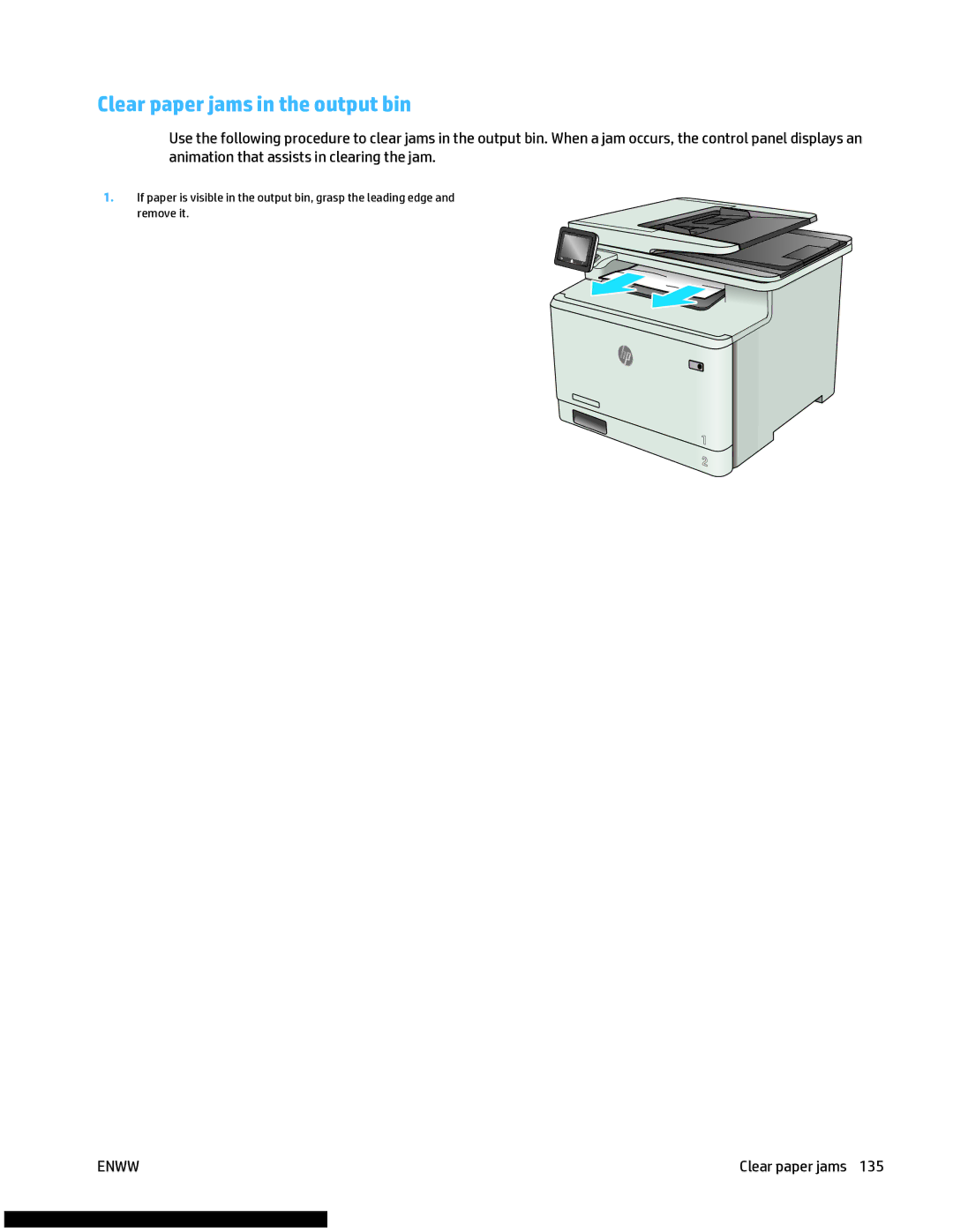 HP M477fnw manual Clear paper jams in the output bin 