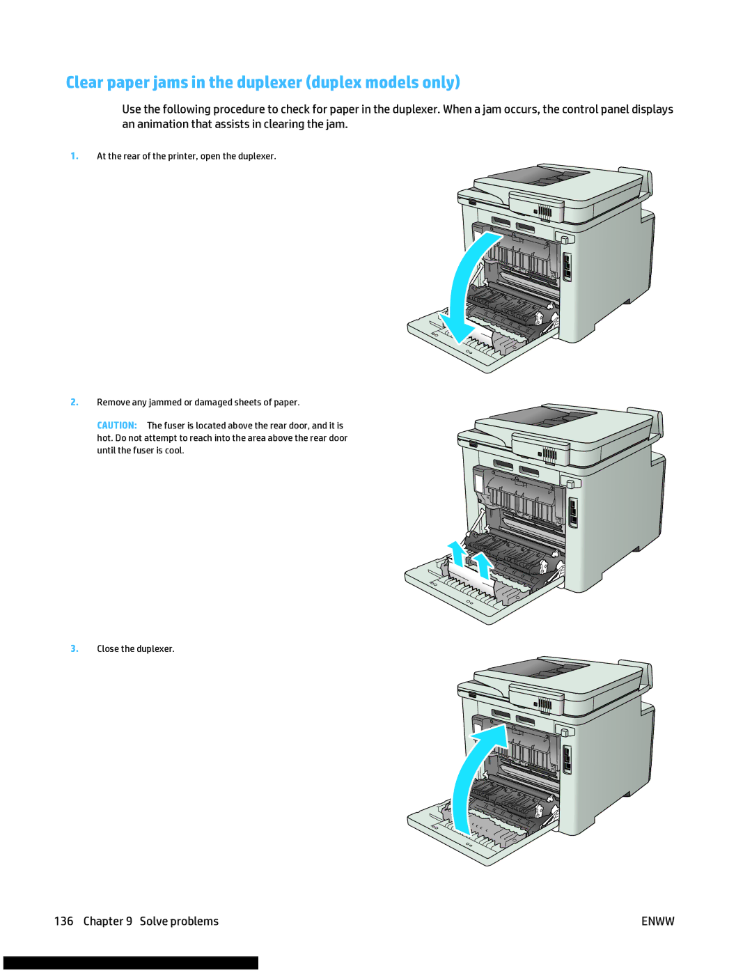 HP M477fnw manual Clear paper jams in the duplexer duplex models only 