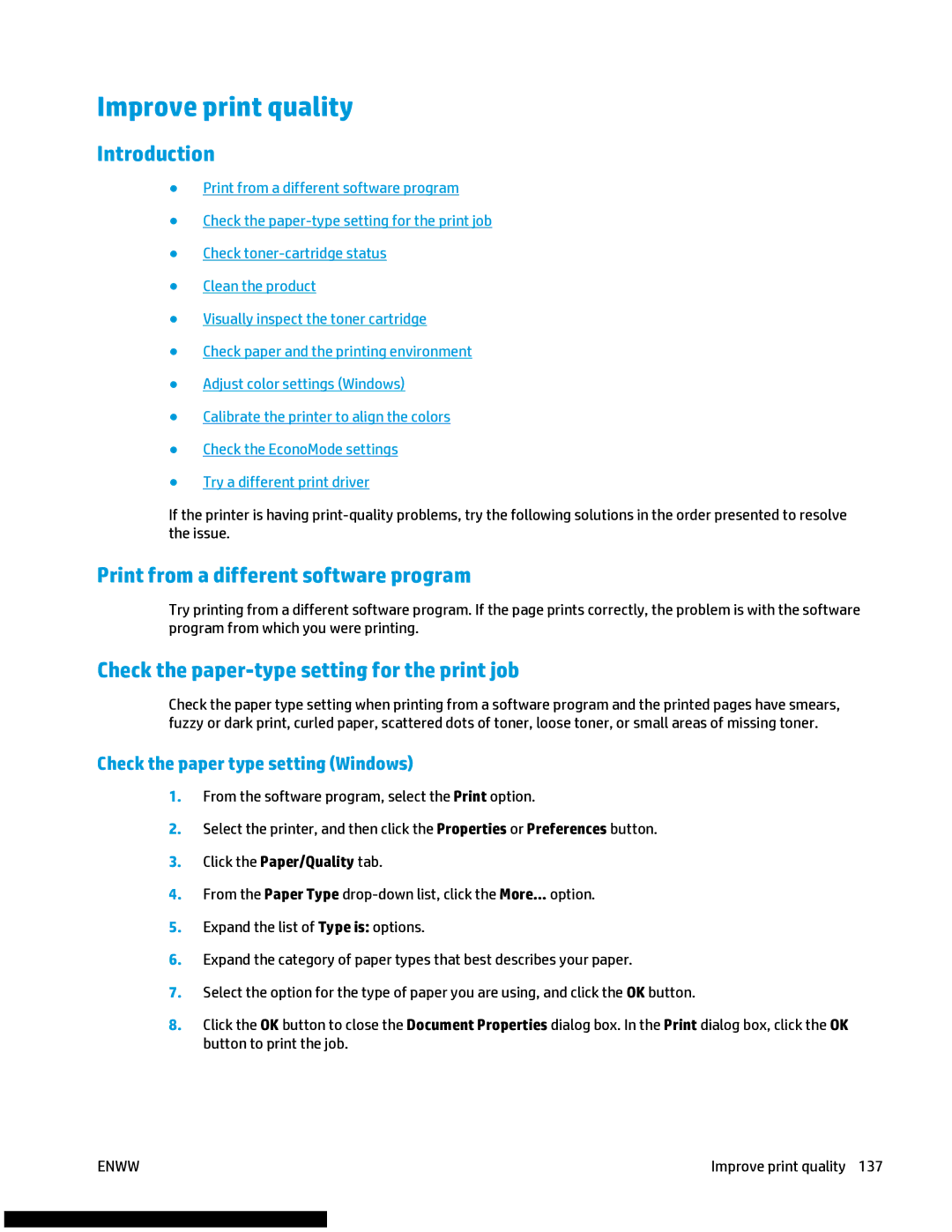 HP M477fnw Improve print quality, Print from a different software program, Check the paper-type setting for the print job 