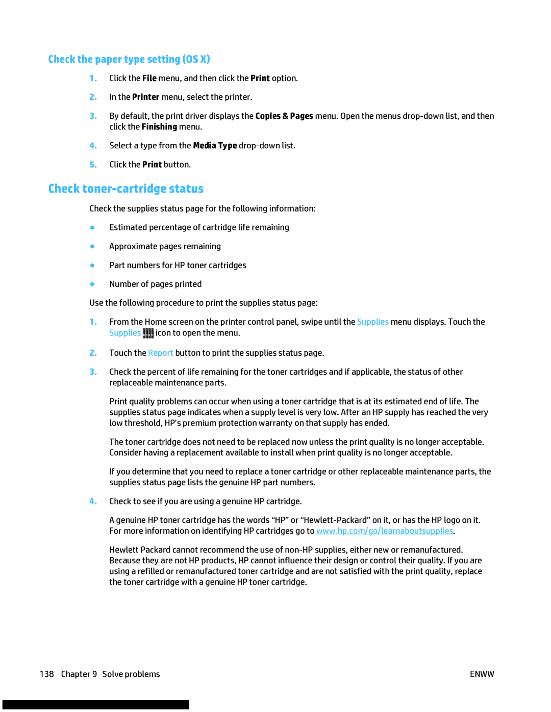 HP M477fnw manual Check toner-cartridge status, Check the paper type setting OS 