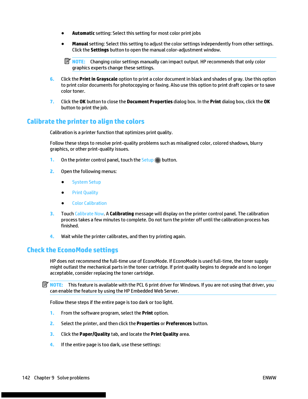 HP M477fnw manual Calibrate the printer to align the colors, Check the EconoMode settings 