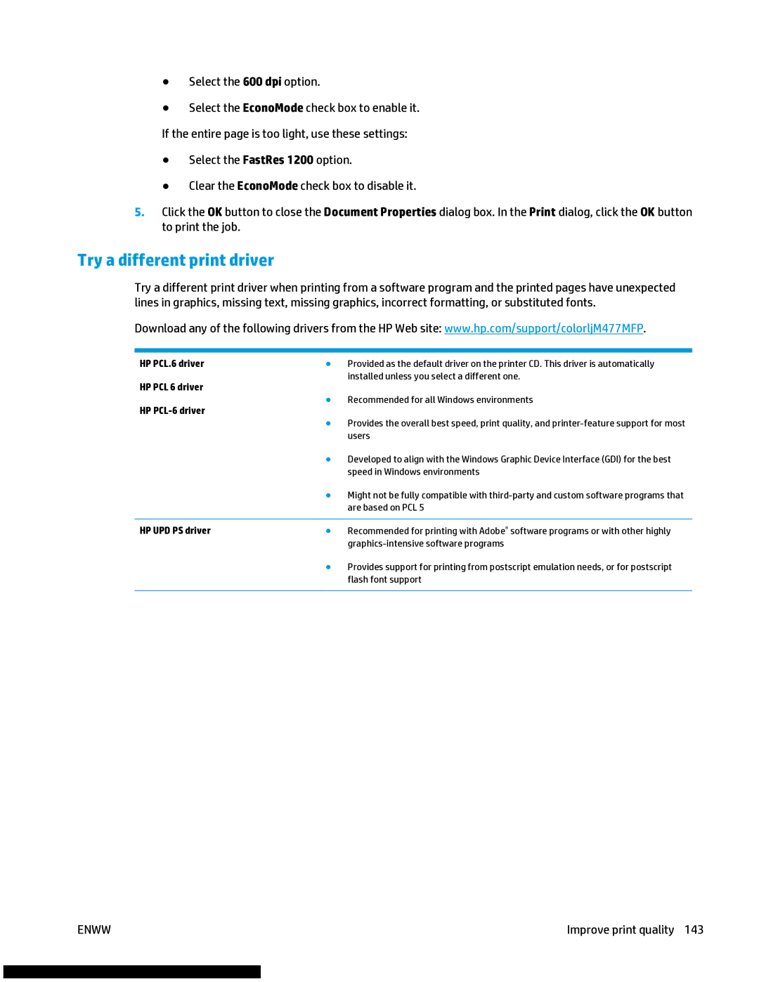 HP M477fnw manual Try a different print driver, HP PCL.6 driver, HP PCL 6 driver, HP PCL-6 driver, HP UPD PS driver 