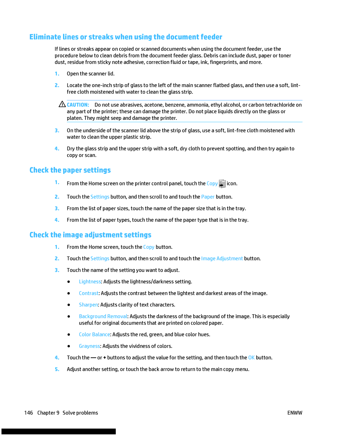 HP M477fnw manual Eliminate lines or streaks when using the document feeder, Check the paper settings 