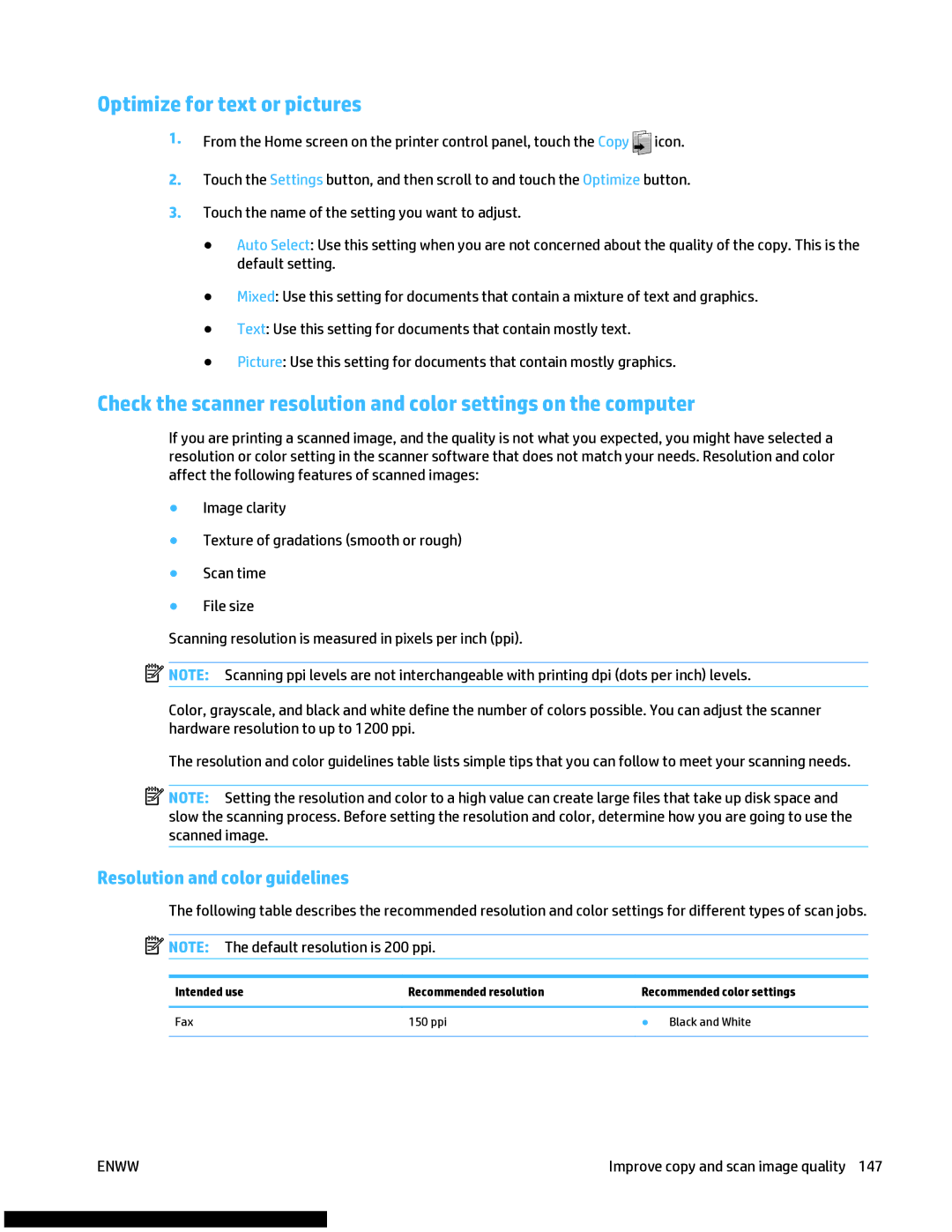 HP M477fnw manual Optimize for text or pictures, Resolution and color guidelines 