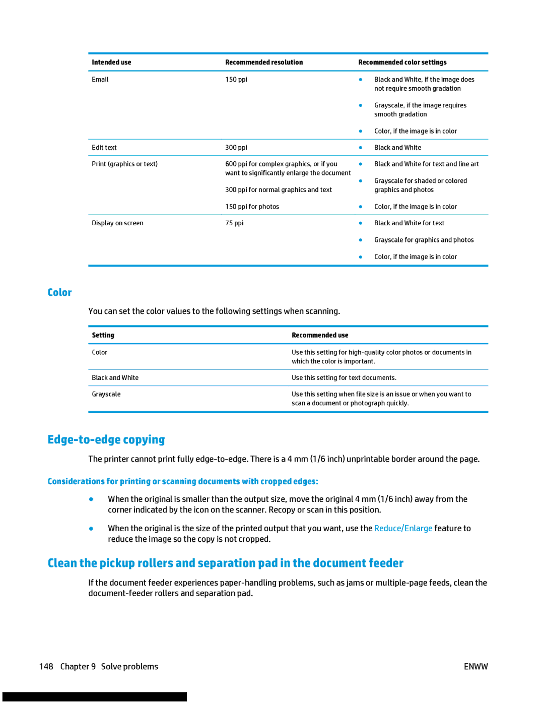 HP M477fnw manual Edge-to-edge copying, Color, Setting Recommended use 