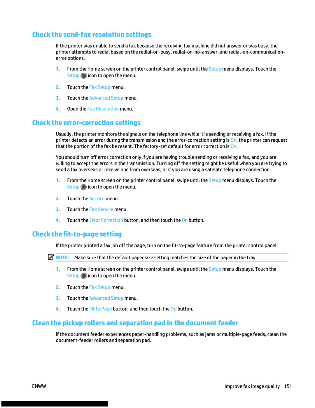 HP M477fnw Check the send-fax resolution settings, Check the error-correction settings, Check the fit-to-page setting 