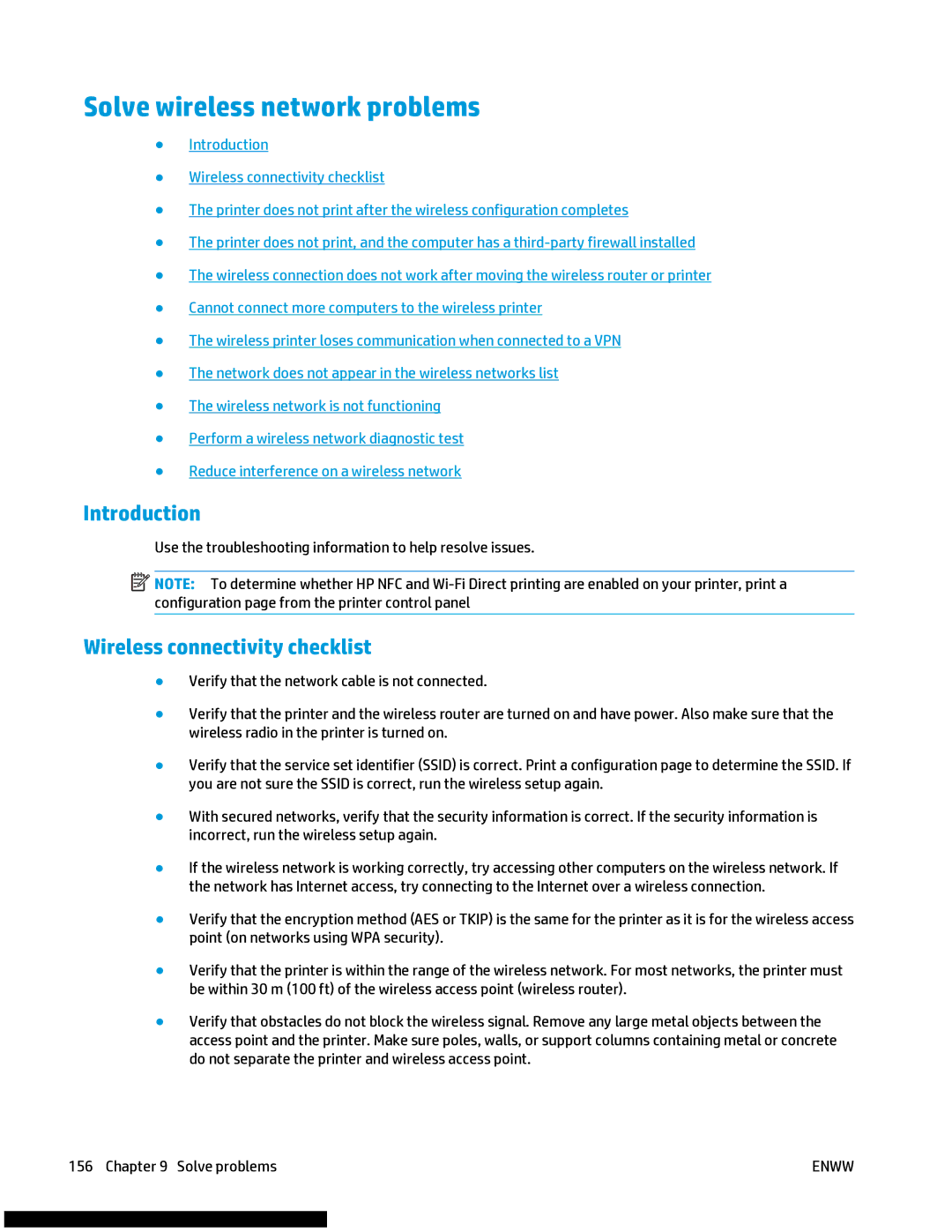 HP M477fnw manual Solve wireless network problems, Wireless connectivity checklist 