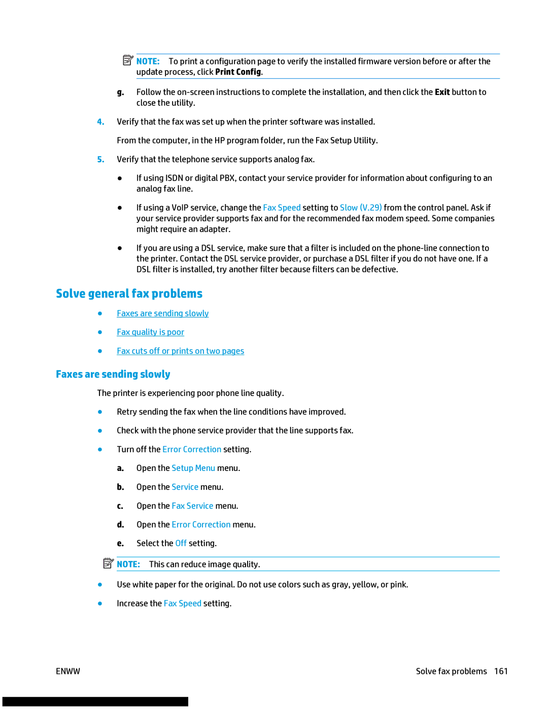 HP M477fnw manual Solve general fax problems, Faxes are sending slowly, Open the Error Correction menu 