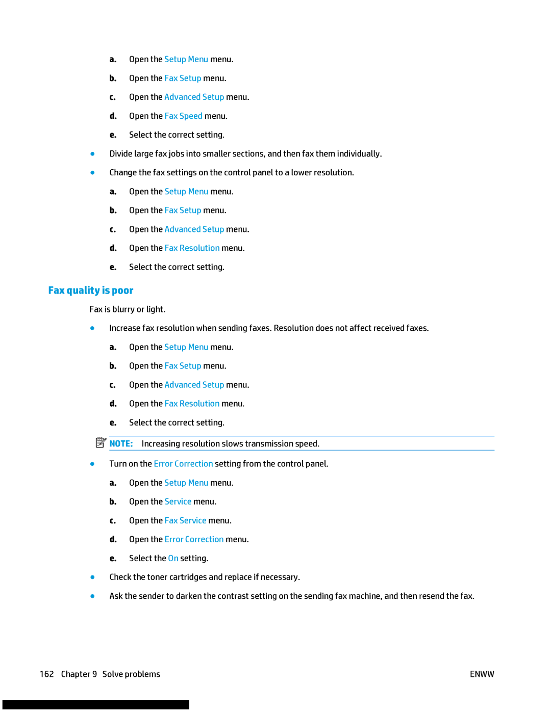 HP M477fnw manual Fax quality is poor, Open the Advanced Setup menu Open the Fax Resolution menu 