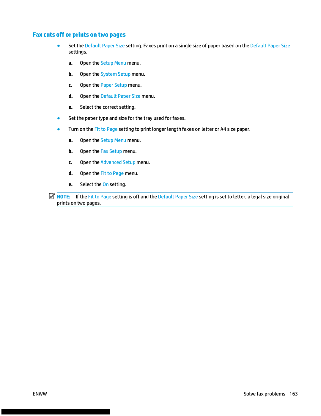 HP M477fnw manual Fax cuts off or prints on two pages, Open the Default Paper Size menu 